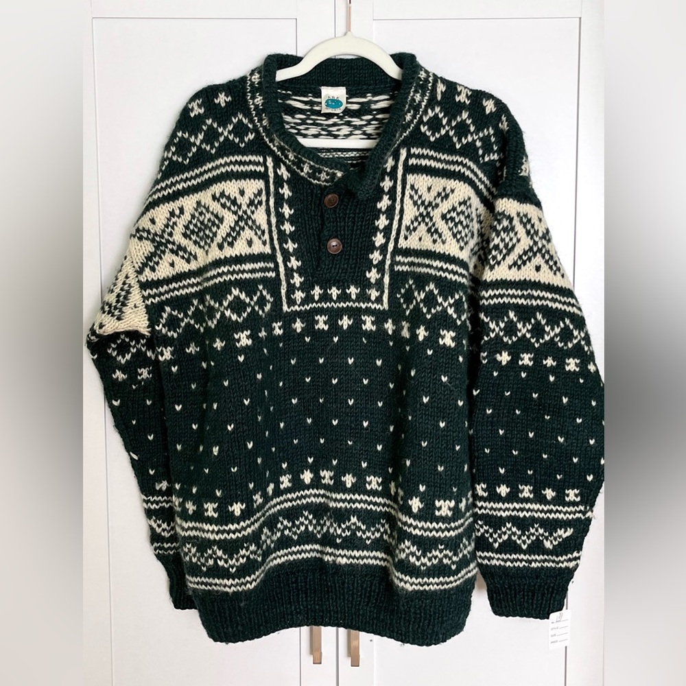 Men's vintage Green and Cream Wool Sweater sizes L/XL